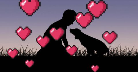 Man and Dog Silhouette with Pixel Hearts in Scenic View