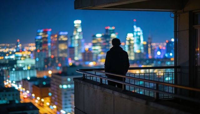 Silhouetted figure standing on rooftop balcony gazing over blurred city nightscape