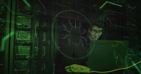 Cybersecurity expert working with servers and digital overlay technology