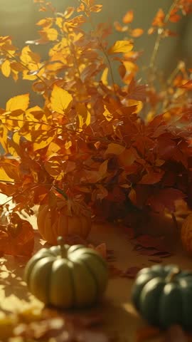Vertical autumn clip capturing pumpkins and amber foliage drifting in warm window light
