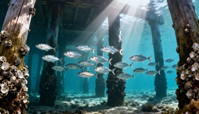 Silver fish school weaving through barnacle-covered pier pilings with sunbeams over seabed