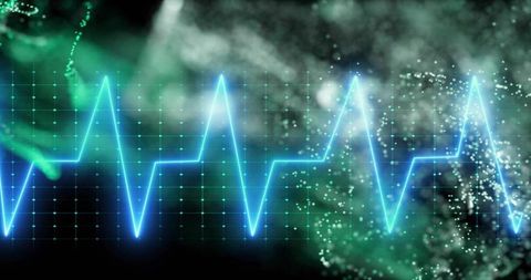 Neon blue ecg waveform on futuristic digital grid background