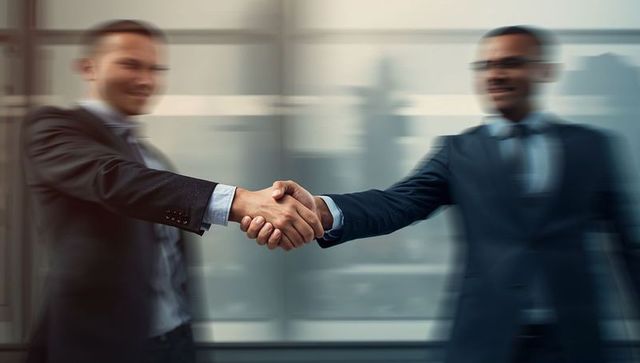Shaking hands between two businessmen sealing partnership in glass office with skyline