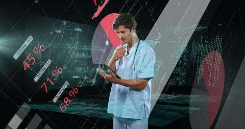 Male doctor reviewing holographic medical data in virtual lab