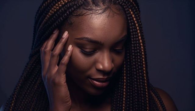 Serene studio portrait woman with long box braids touching temple moody beauty headshot