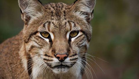Lynx portrait staring into camera with golden eyes and long whiskers woodland closeup