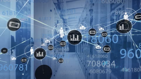 Digital Network Icons and Data in Modern Server Room