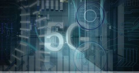 5G and Data Technology Overlaid on Server Room Background