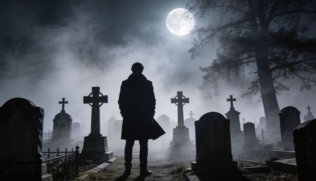 Silhouette man standing in foggy moonlit graveyard under full moon, eerie scene