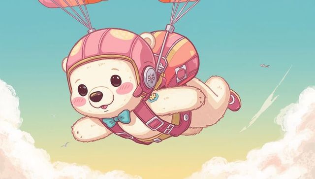 Parachuting teddy bear soaring through pastel sky wearing pink helmet and teal bow tie