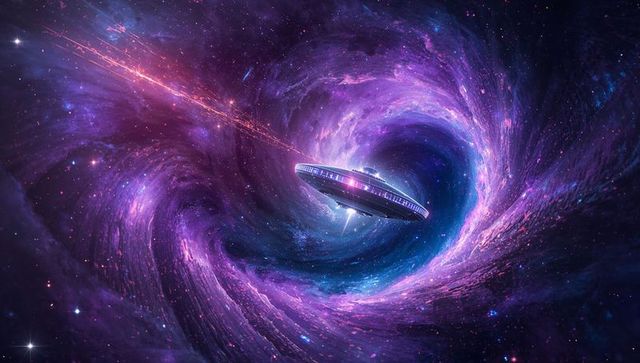 Futuristic spacecraft near swirling cosmic vortex with glowing lights
