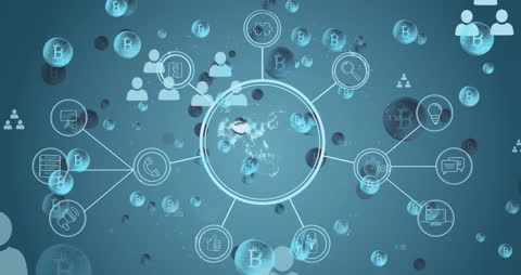 Global Network Connections with Bitcoin and Data Processing Icons
