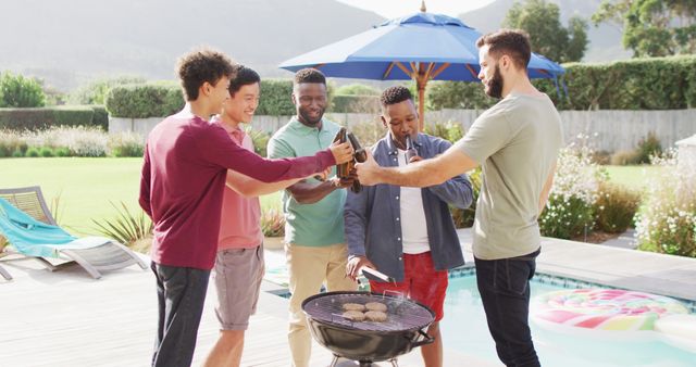 Group of friends toasting with drinks at a backyard barbecue beside a pool. Ideal for themes of summer, outdoor gatherings, leisure activities, and friendship. Suitable for advertising outdoor events or lifestyle products.