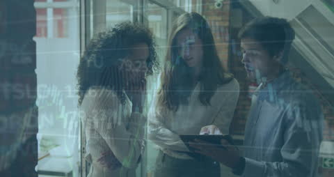 Business Team Analyzing Data with Tablet and Financial Graph Overlay