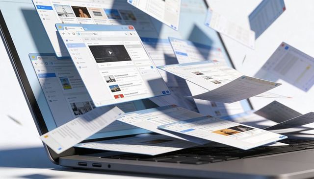 Laptop unleashing floating browser windows and digital workflow overflow above keyboard