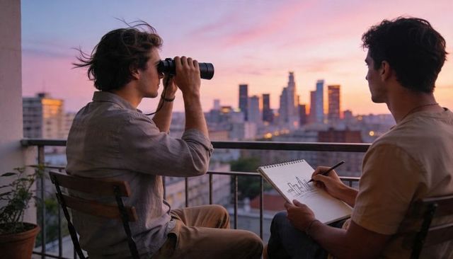 Two young men watching urban skyline at sunset, using binoculars and sketching on balcony