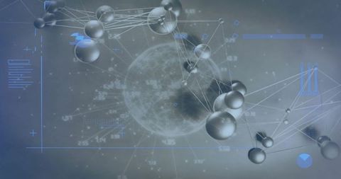 Futuristic network visualization with metallic molecular nodes and translucent globe hud