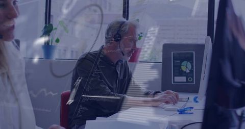 Office professional wearing headset engaged in virtual collaboration