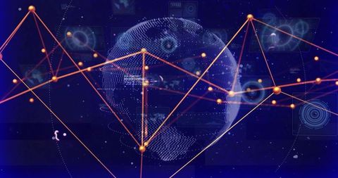 Rotating Digital Globe with Orange Network Nodes and Futuristic HUD Visualization