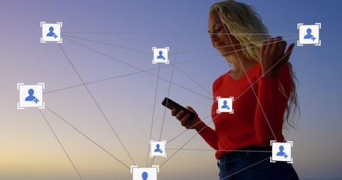 Woman Using Smartphone with Digital Network Graphic Overlay