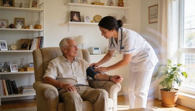 Nurse checking blood pressure of senior man during home care visit