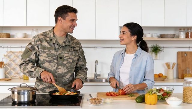 Us army soldier cooking with partner in bright kitchen preparing healthy family meal