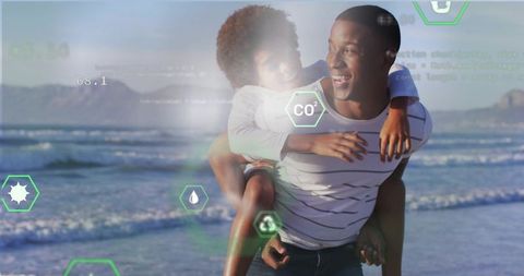 Sunlit beach piggyback with child and eco hud overlay showing sustainable family lifestyle