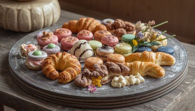 Rustic pastry board featuring colorful macarons and golden croissants with edible flowers