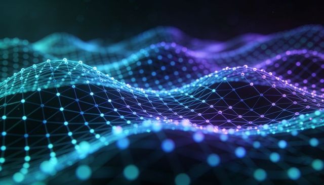 Neon wireframe network flowing across 3d data landscape with glowing nodes and grid