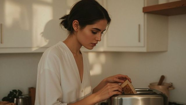Young woman placing whole-grain bread into stainless toaster in sunlit minimalist kitchen