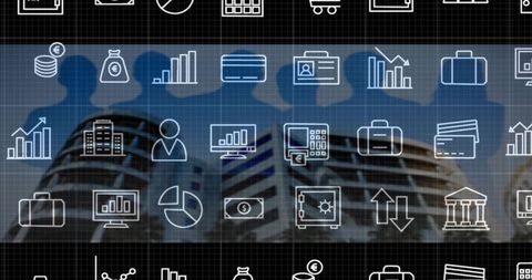 Corporate finance concept showing blurred highrise facade with data icons and silhouettes