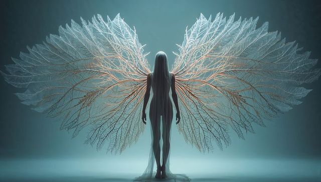 Ethereal veiled woman with luminous leaf-vein wings standing silhouette, fantasy concept