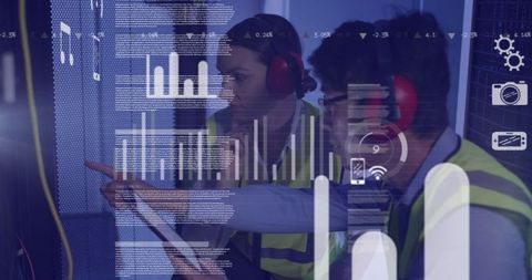 It engineers analyzing data with digital overlay in server room
