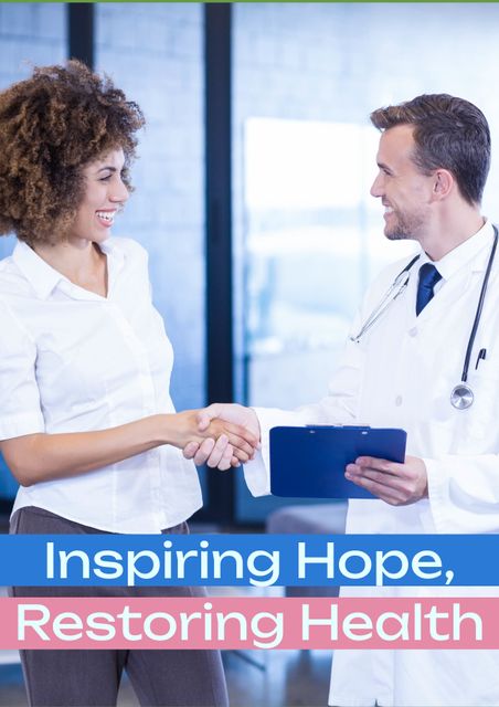 This shows a doctor and patient shaking hands, symbolizing trust and healthcare support. Useful for promotional material for clinics, hospitals, or medical campaigns highlighting trust and recovery in healthcare services.