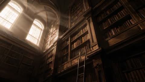 Streaming Sunlight Illuminating Grand Library with Towering Bookshelves and Rolling Ladder