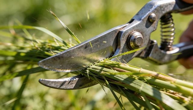 Pruning shears cutting fresh grass under sunlight, close-up macro gardening action