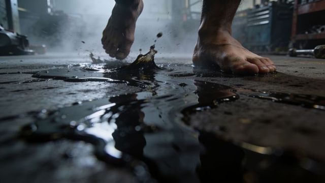Bare feet stepping through oil puddle on garage floor creating splashes and reflections