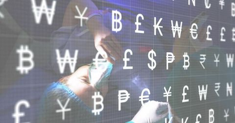Double-exposure surgeon caring patient with oxygen mask overlaid by cryptocurrency symbols grid