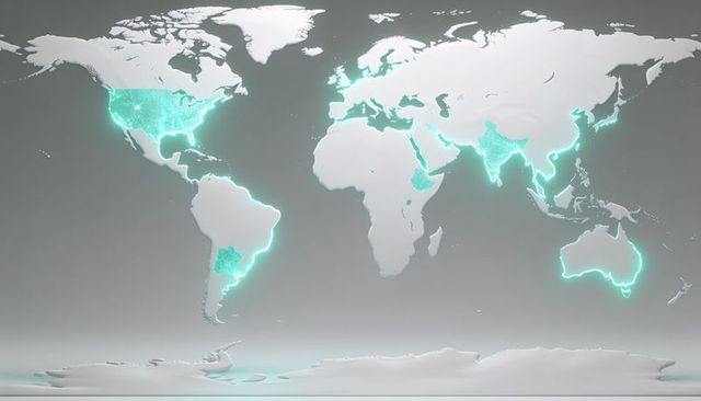 Glowing world map highlighting global data hubs and ai network connectivity with neon glow