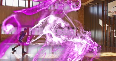 Basketball Game with Futuristic Digital Energy Trails