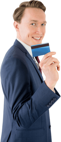 Businessman Smiling Holding Credit Card Transparent Background