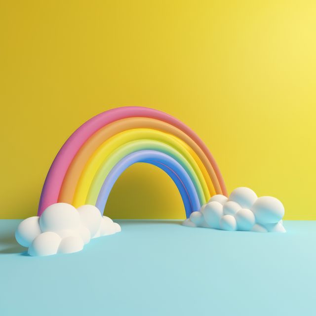 Colorful rainbow with white clouds on yellow background created using generative ai technology. Rainbow and colours concept digitally generated image.