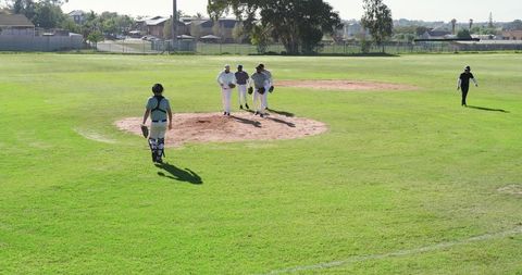 Diverse baseball players walking toward pitcher mound on sunny neighborhood grass field