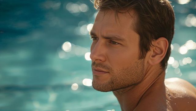 Sunlit male portrait by turquoise water posing shirtless with wet hair and stubble