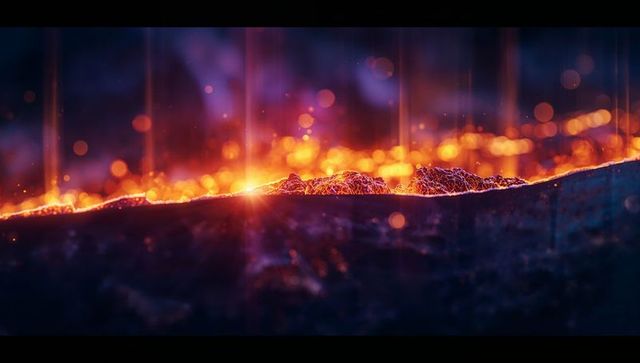 Molten lava ridge with ember orbs and light streaks