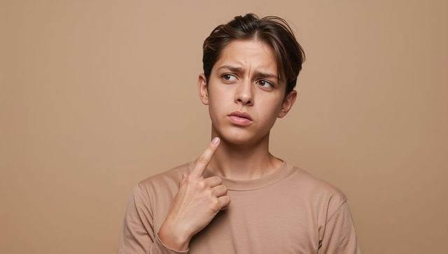 Teen boy touching cheek and looking puzzled, minimalist monochrome studio portrait