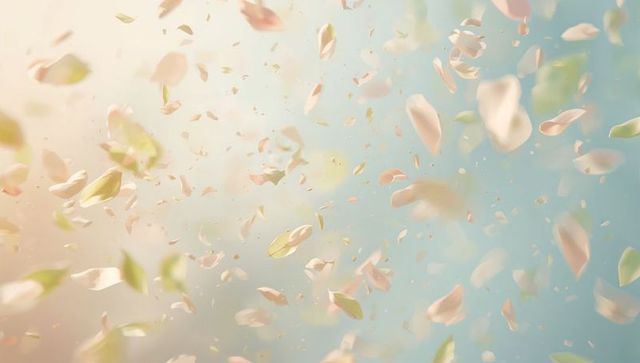 Sunlit pastel petals floating on breeze against soft blue sky with bokeh