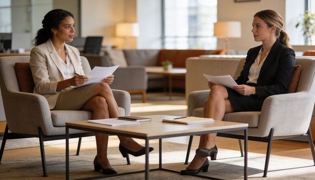 Two businesswomen reviewing documents in modern office lounge during professional meeting