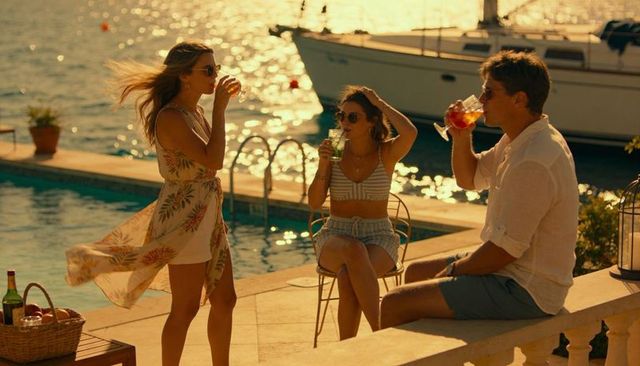 Sunset poolside cocktail gathering by yacht — friends relaxing on coastal terrace