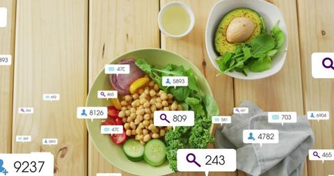Top-down healthy chickpea salad bowl with social media overlay and fresh ingredients